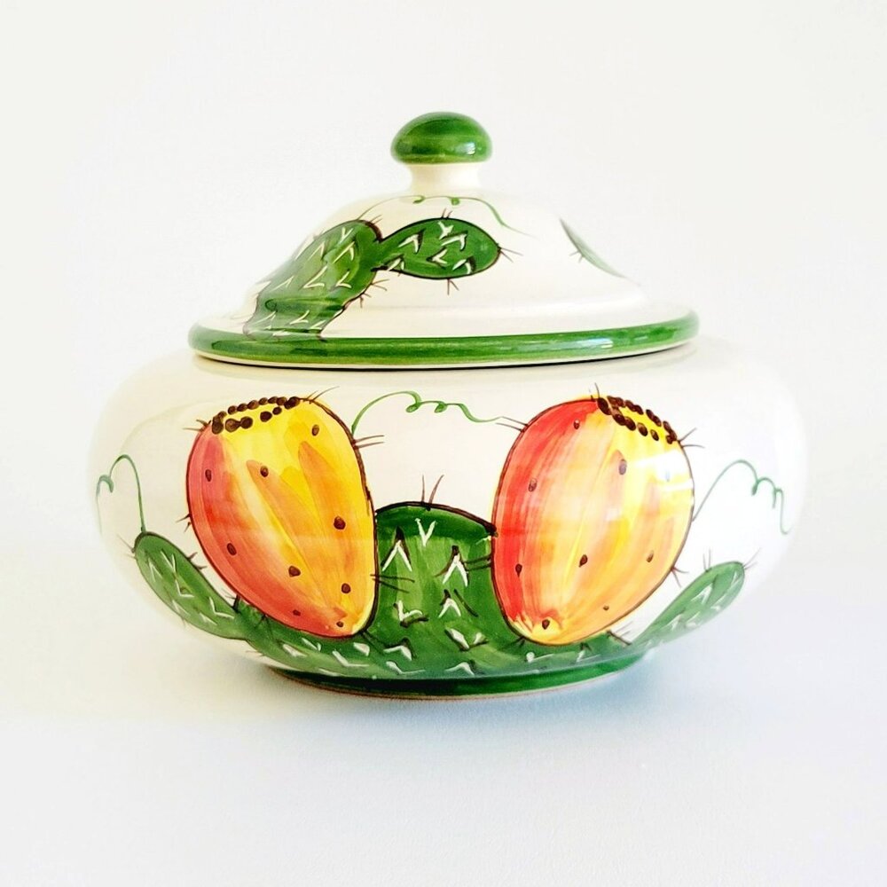 Italian Hand Painted Biscuit Cookie Jar Prickly Pear Cactus S. Stefano Pottery